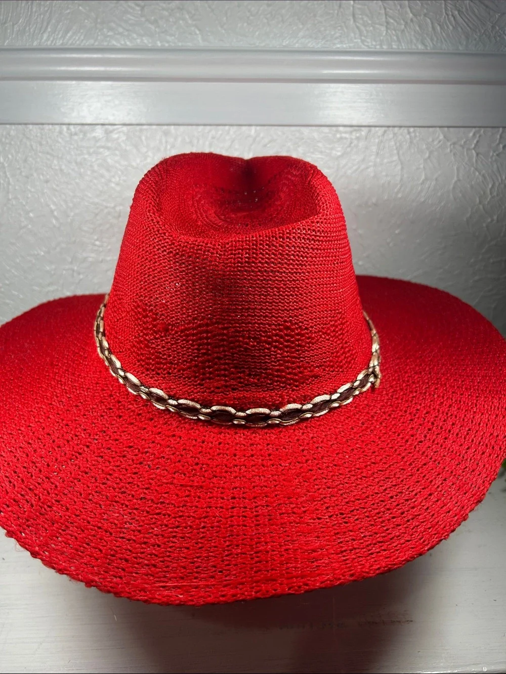 Red Woven Knit Cowboy Hat with Gold Ribbon Accent Chin Strap Summer Western Hat - Picture 4 of 11